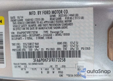 2015 Ford Fusion Se из США, поврежденный, VIN 3FA6P0H75FR173258